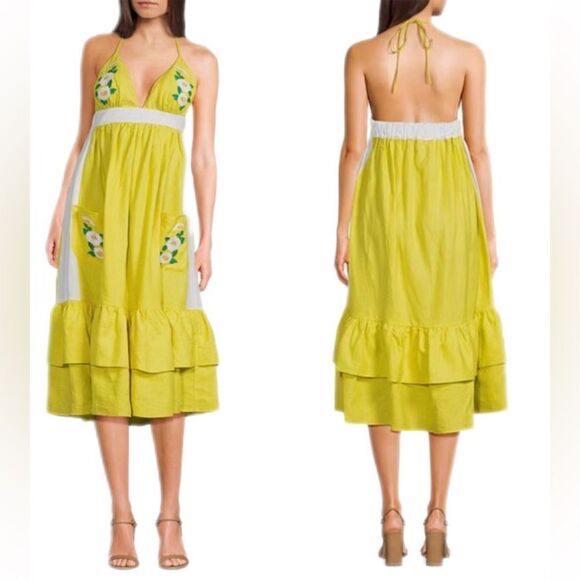FANM MON Yamile 100% Linen Halter Midi Dress Floral Embroidered Yellow XL New - Picture 1 of 14